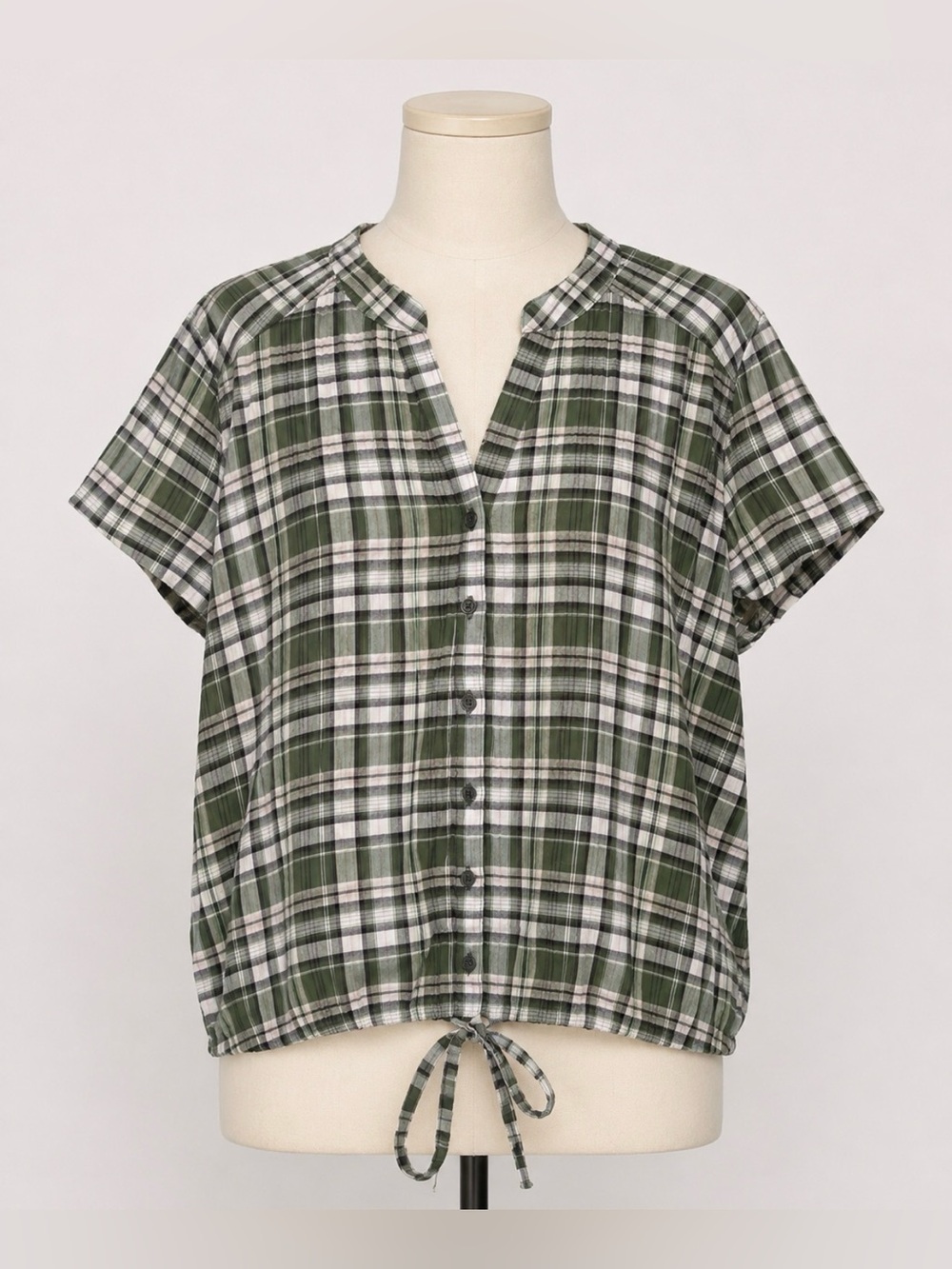 Christopher & Banks Large Green Plaid Short Sleeve Button Front Tie Hem Top - Picture 3 of 10